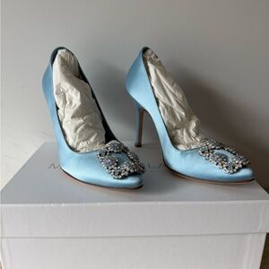 Manolo Blahnik Hangsi Light Blue Satin Pumps